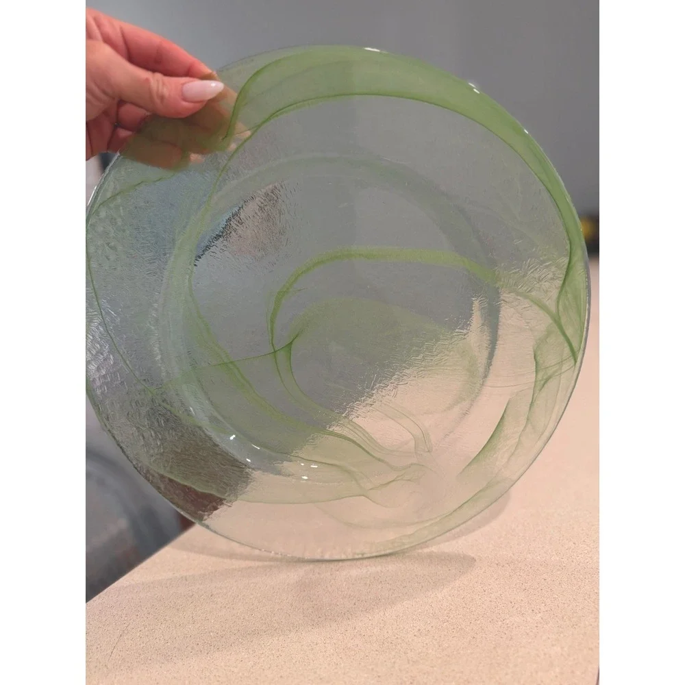 1 LVB1 Green Swirl Charger Service Plater Plate Blown Glass Vintage MCM Art Deco